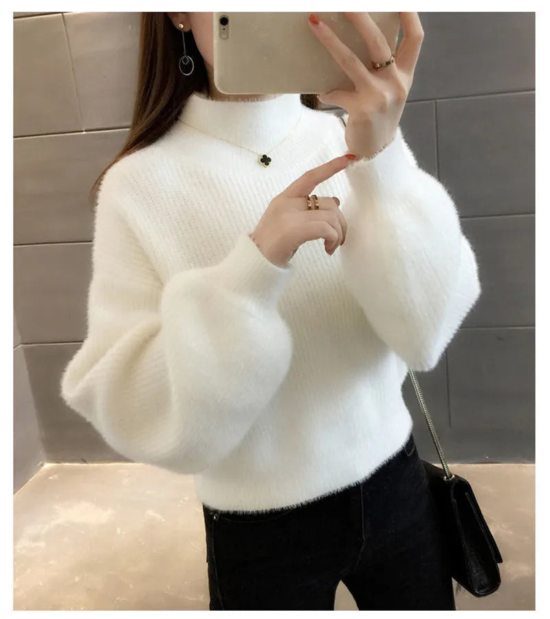 Autunno/Inverno Donna Maglione Pullover Nuovo Mezza Dolcevita Manica Lanterna Maglione Corto Imitazione Visone Pile Maglia Maglione Top