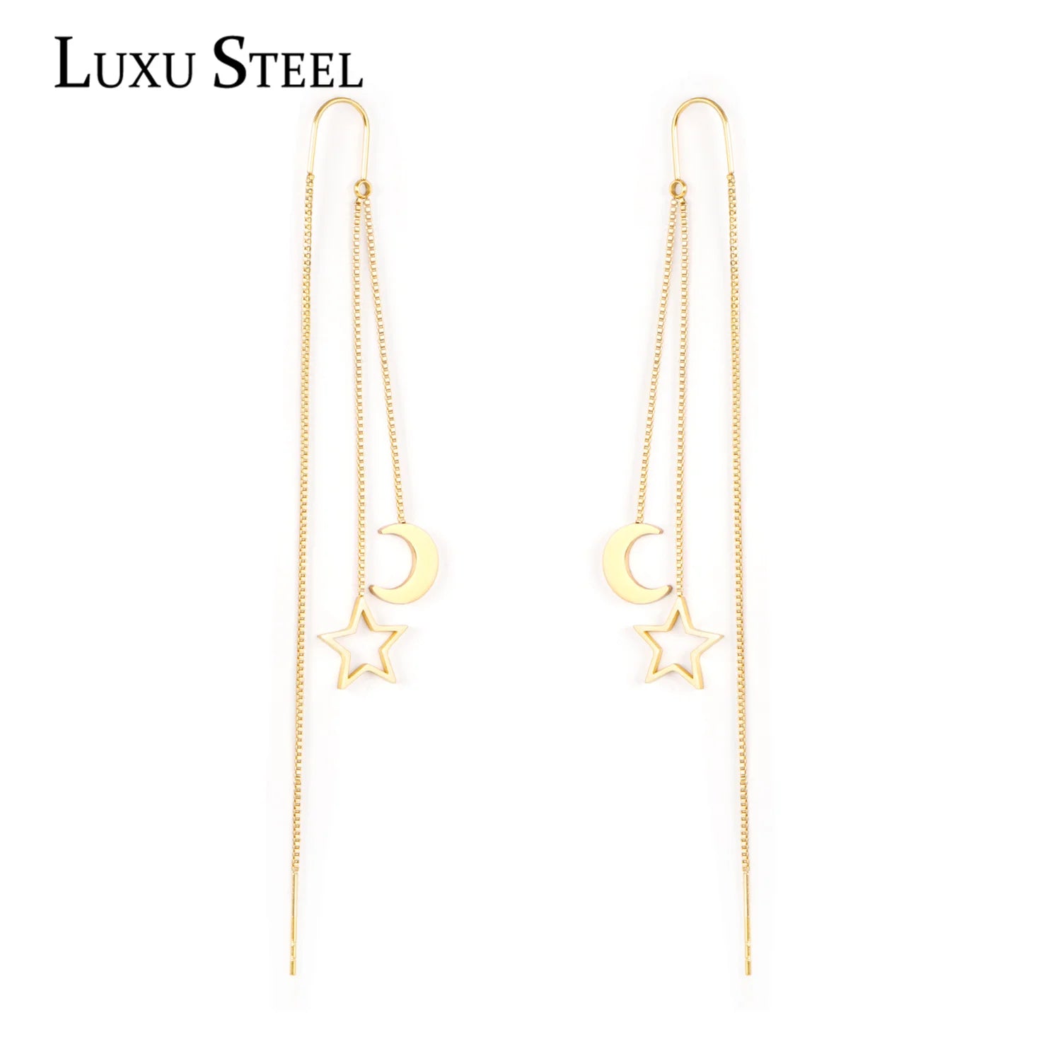 LUXUSTEEL 2021 Stella Luna Orecchini a pendaglio per le donne Stile alla moda Colore oro Acciaio inossidabile Orecchino a catena lunga Brinco Party