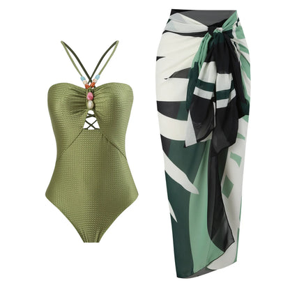 Sexy Bikini Set Women Luxury Beading Swimwear Hollow Out Swimsuit Two-pieces Halter Beachwear Bathing Suit With Cover up Skirt