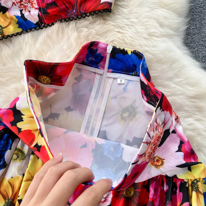 ANSZKTN et le style de vacances américain ANSZKTN Print Suit Femme Courte Bretelle Haut Jupe Plissée Ensemble