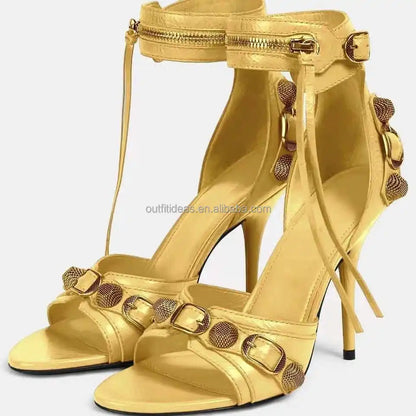 Top Quality Studded Decorative Buckle Tasseled Zip Designs Calf Leather Ankle Strap Cagole Embellished 110mm Leather Sandals