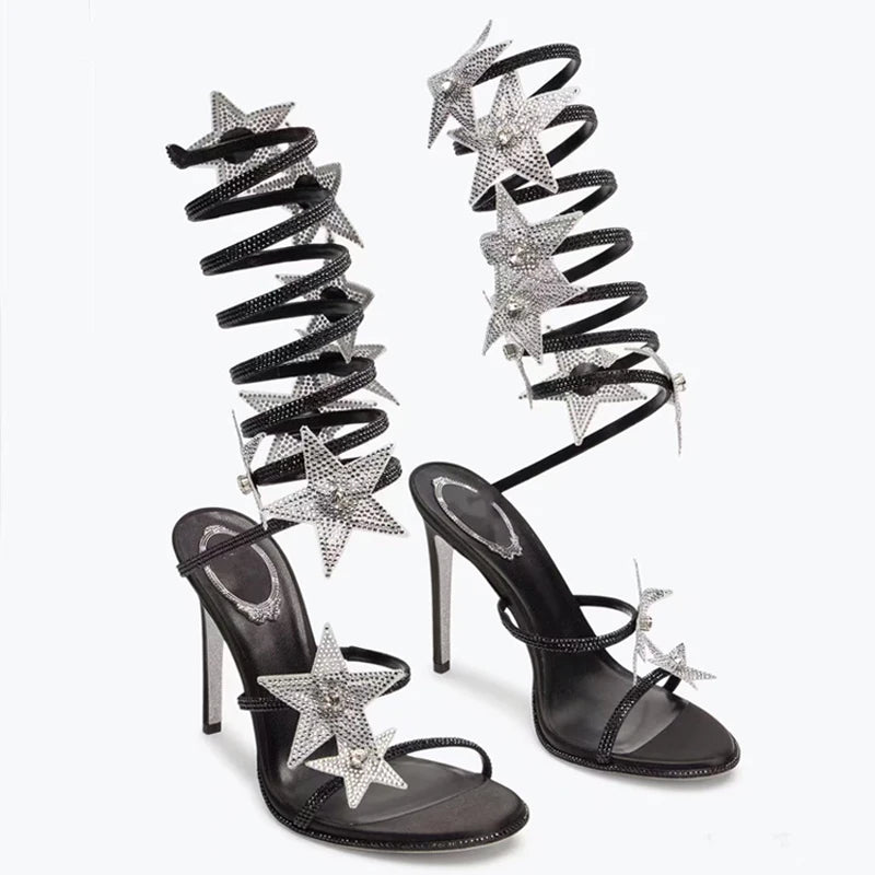 Ankle Wrap Cross Long Straps Women's Bling Stars Shoes High Heels Sexy Big Size 46 Dress Wide Fit Sandals Stiletto