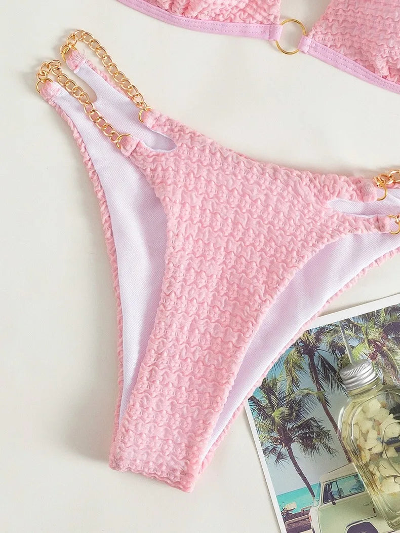 2025 Neuer Chain Split Badeanzug Damen Sexy Mirco Bikini Sets Aushöhlen Bademode Schnürung Badeanzug Brasilianische Strandbekleidung Biquini