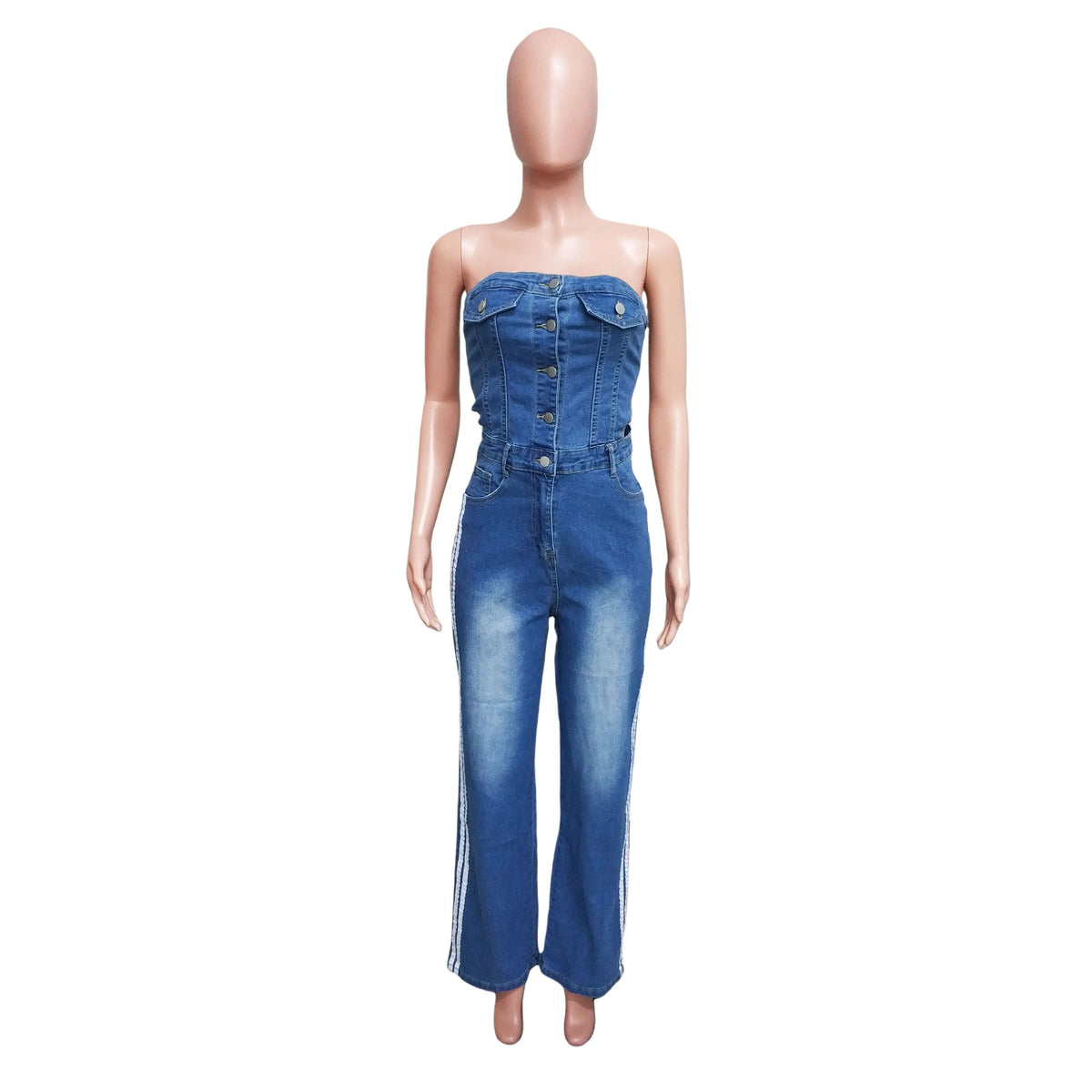 Women's Strapless Halter Loose-Fitting Denim Jumpsuit Spring Casual Solid Knitted Tights for Outings Straight Wide Leg Design