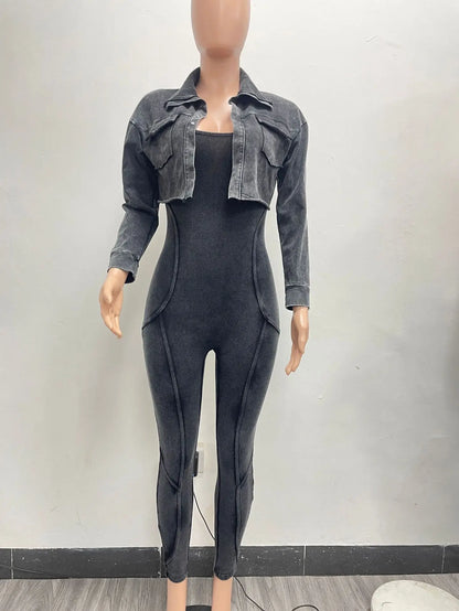 Wholesale Streetwear Two Piece Set Y2K Bodycon Acid Wash Jumpsuit With Jacket Light Washed 2 Piece Set Woman Jumpsuit