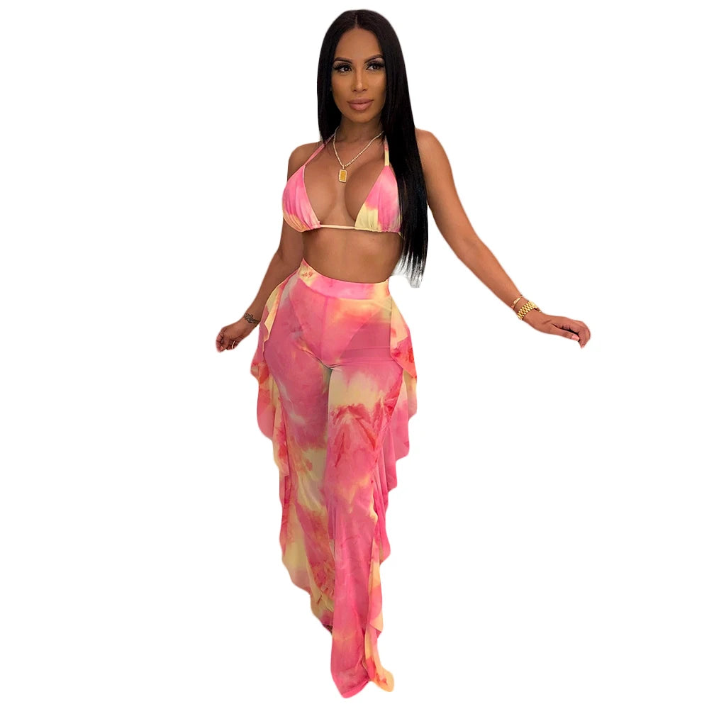 Prix usine en gros Nouveau maillot de bain d'été sexy pour femme avec bikini à volants, pantalon long ample, soutien-gorge à fines bretelles et ensemble deux pièces