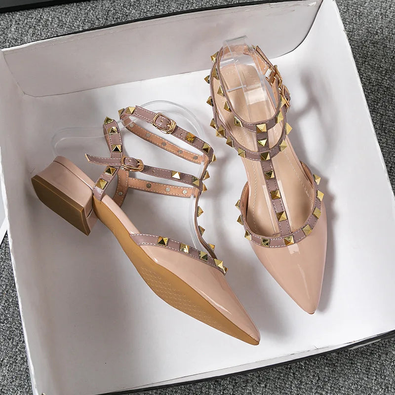 2026 New Style Summer High-heeled Women's Sandals Fashion Brand Design Pointed Rivet Red Black Pink Casual Shoes Large Size 43