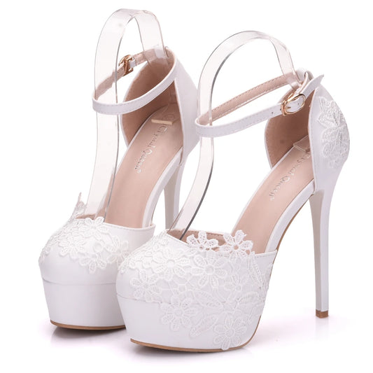BS034  Flower Lace Wedding Prom Paty Hollow High Heels Dress Shoes Sandals Women's Shoes New Platform Bride Shoes Quinceanera