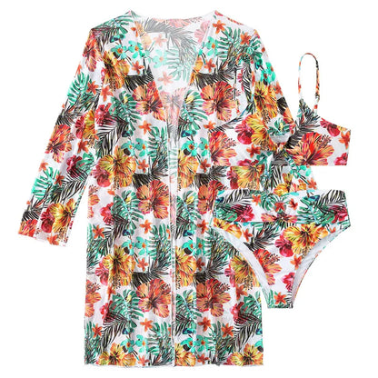 Damen Sommer Badeanzug Blumenprint Dreiteiliger Set Sexy Strandkleidung Bikini-BH, Höschen, Langarm-Cardigan Mantel Sets