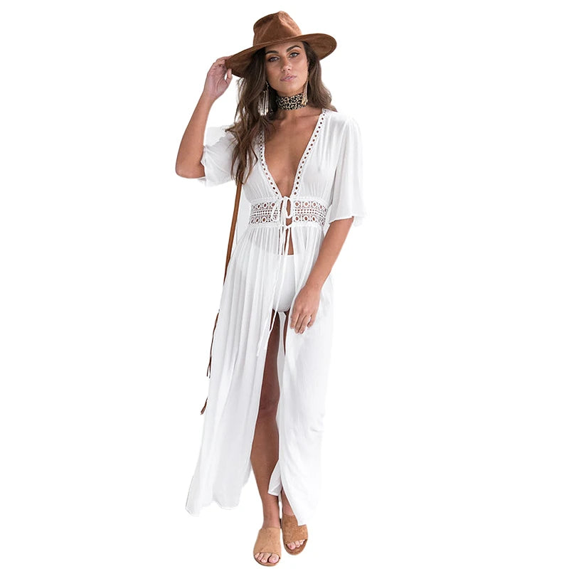 Neue Mode Damen Sommer Bikini Overall Tiefer V-Ausschnitt Halbarm Spitze Passende Schnürung Lässiges Langes Cape Cardigan Kleid