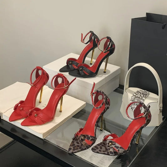 Lady's Fashion Trend Stiletto Ankle Buckles Heels 11CM Leopard Metal Heel Sandals with Open Toe Summer Straight Strap Shoes