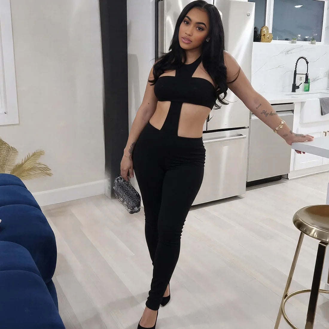X9068-2026 Trendiger Sommer Slim Fit Hohl Unifarben Ärmelloser Sexy Schwarzer Jumpsuit Damen Club Wear