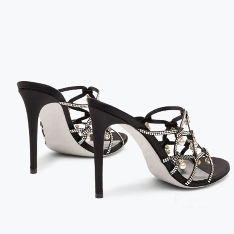 Sandales à talons hauts et fins pour femmes, chaussures d'été à lanières croisées avec strass, mules à talons aiguilles et perles.