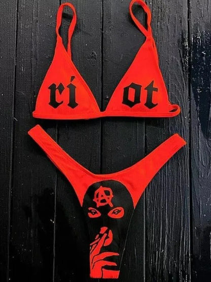 Ensemble bikini imprimé lettres gothiques punk, maillot de bain sexy 2023 pour femmes, motif tête de mort, col en V, maillot de bain tendance