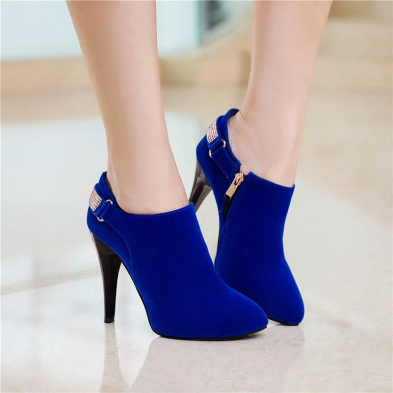REAVE CAT Ankle Boots Pointed Toe Shoes women Sale Thin Heels Flock Suede Leather Rhinestone Big Size 31-50 Weeding Blue Black