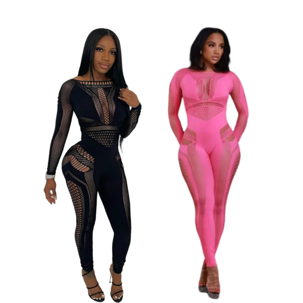 Neue Ankunft Damen Body Hohl Mittelhohe Taille Eng Große Größen Overalls Einfarbig Langarm Sexy Durchsichtiger Jumpsuit