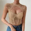 XS-L Round Necked Lace Diamond Sexy Hollow Top Steel Ring Fishbone Exposed Navel Short Top