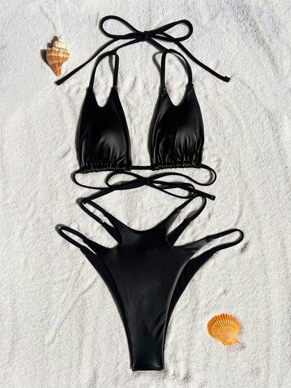 Maillot de bain brésilien sexy Bandage Imitation cuir Bikini Ensemble Noir Push-up Maillots de bain