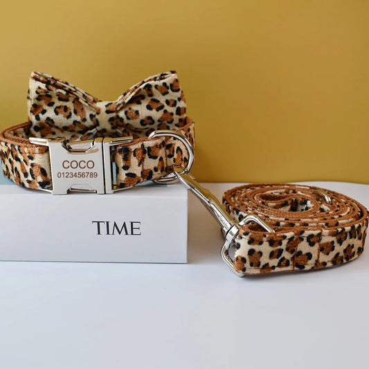 Collare per cani con stampa leopardata e fiocco per cani di taglia piccola, media e grande, collari personalizzati con targhetta incisa, accessori per animali domestici, collana per animali 01