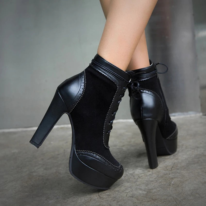 REAVE CAT Ankle Boots Lace Up Flock Platforms Round Toe Block Heel Short Plush Black Yellow Grey A4506