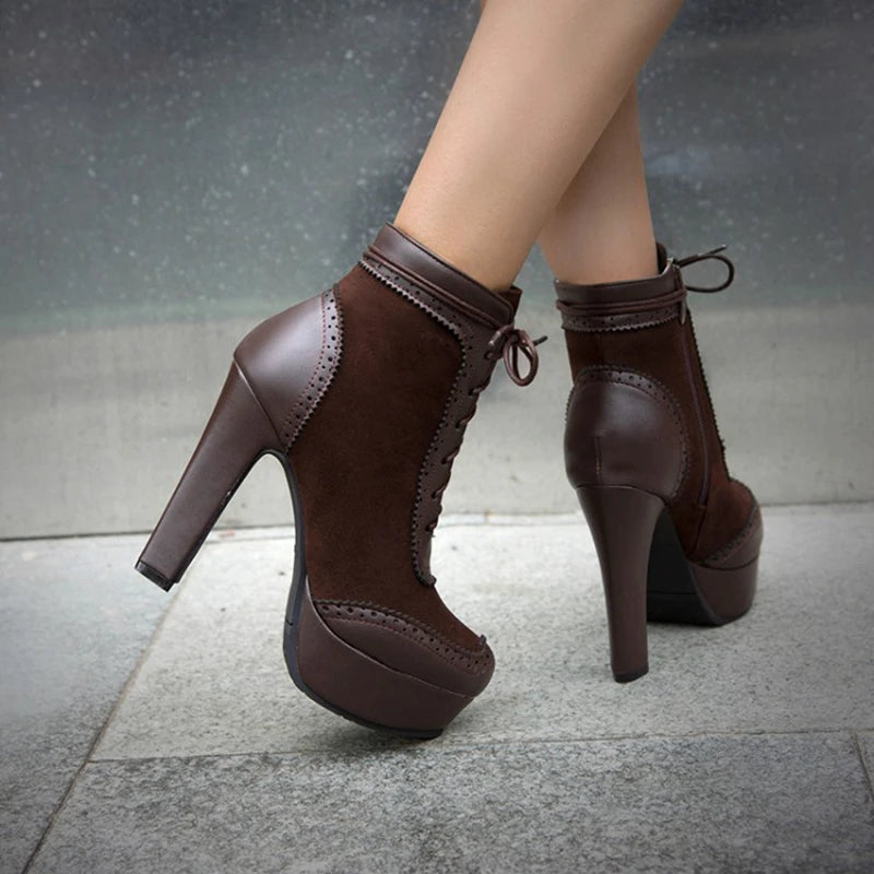 REAVE CAT Ankle Boots Lace Up Flock Platforms Round Toe Block Heel Short Plush Black Yellow Grey A4506