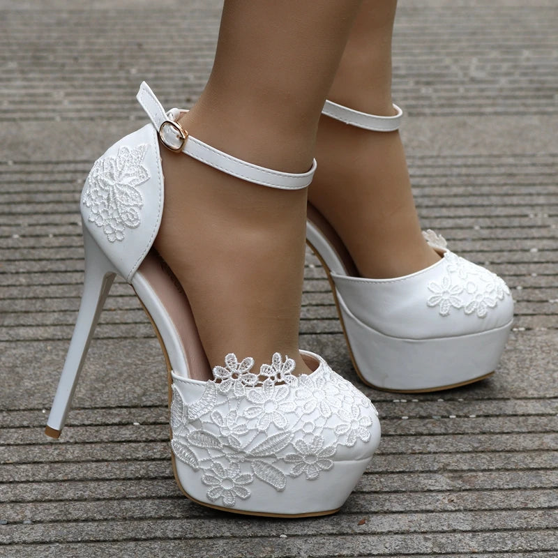 BS034  Flower Lace Wedding Prom Paty Hollow High Heels Dress Shoes Sandals Women's Shoes New Platform Bride Shoes Quinceanera