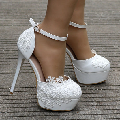 BS034  Flower Lace Wedding Prom Paty Hollow High Heels Dress Shoes Sandals Women's Shoes New Platform Bride Shoes Quinceanera