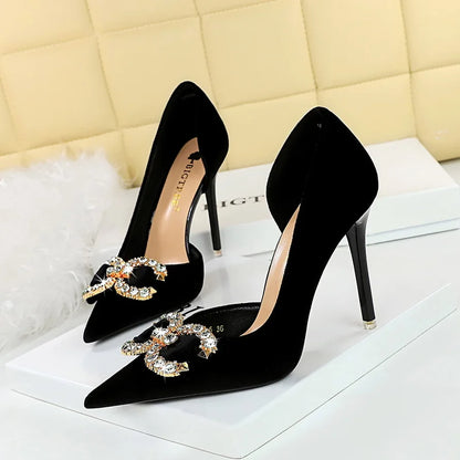 Banquet High Heels Women's Shoes Shallow Mouth Pointed Side Hollowed Out Rhinestone Pearl Bow Sandals