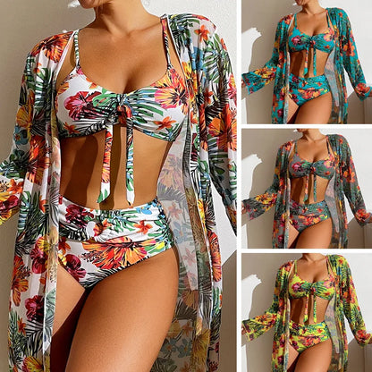 Damen Sommer Badeanzug Blumenprint Dreiteiliger Set Sexy Strandkleidung Bikini-BH, Höschen, Langarm-Cardigan Mantel Sets