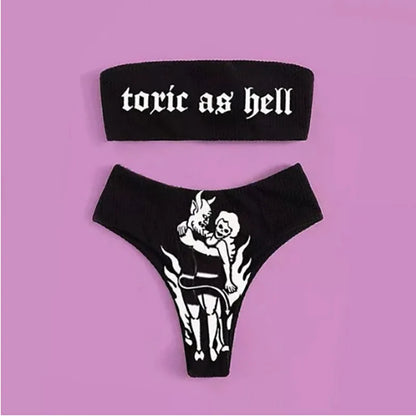 Ensemble bikini imprimé lettres gothiques punk, maillot de bain sexy 2023 pour femmes, motif tête de mort, col en V, maillot de bain tendance