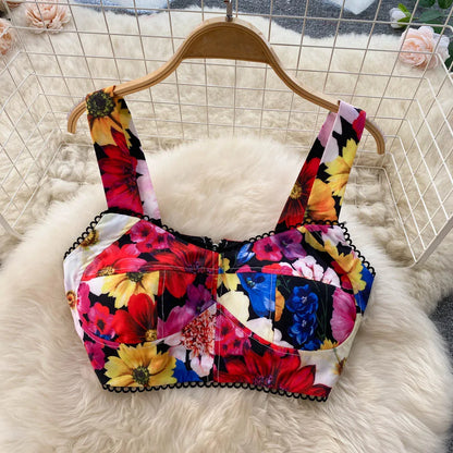 ANSZKTN et le style de vacances américain ANSZKTN Print Suit Femme Courte Bretelle Haut Jupe Plissée Ensemble