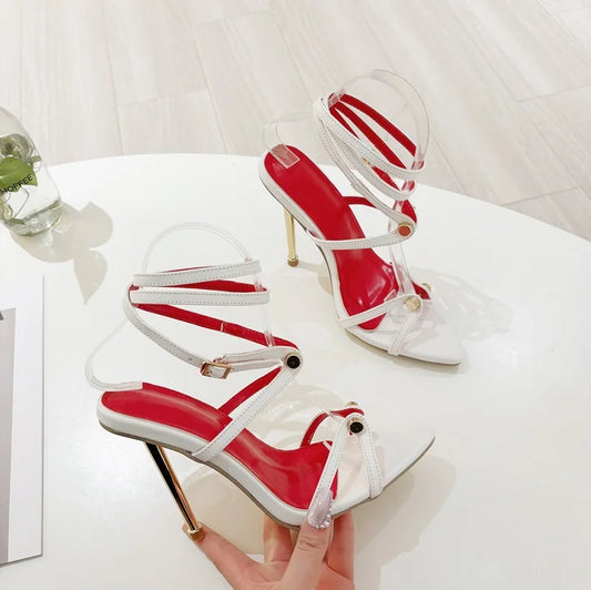 2025 New Rivet Buckle Metal Lace up Fashion Pointed Toe Sexy Sandals High Heels