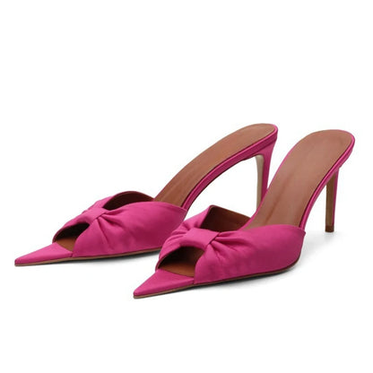 Wide Fit Size 45 Pumps Summer Women Satin Bow Knotted Shoes High Slim Heels Dress Sandals Outdoor Leopard Party Mules