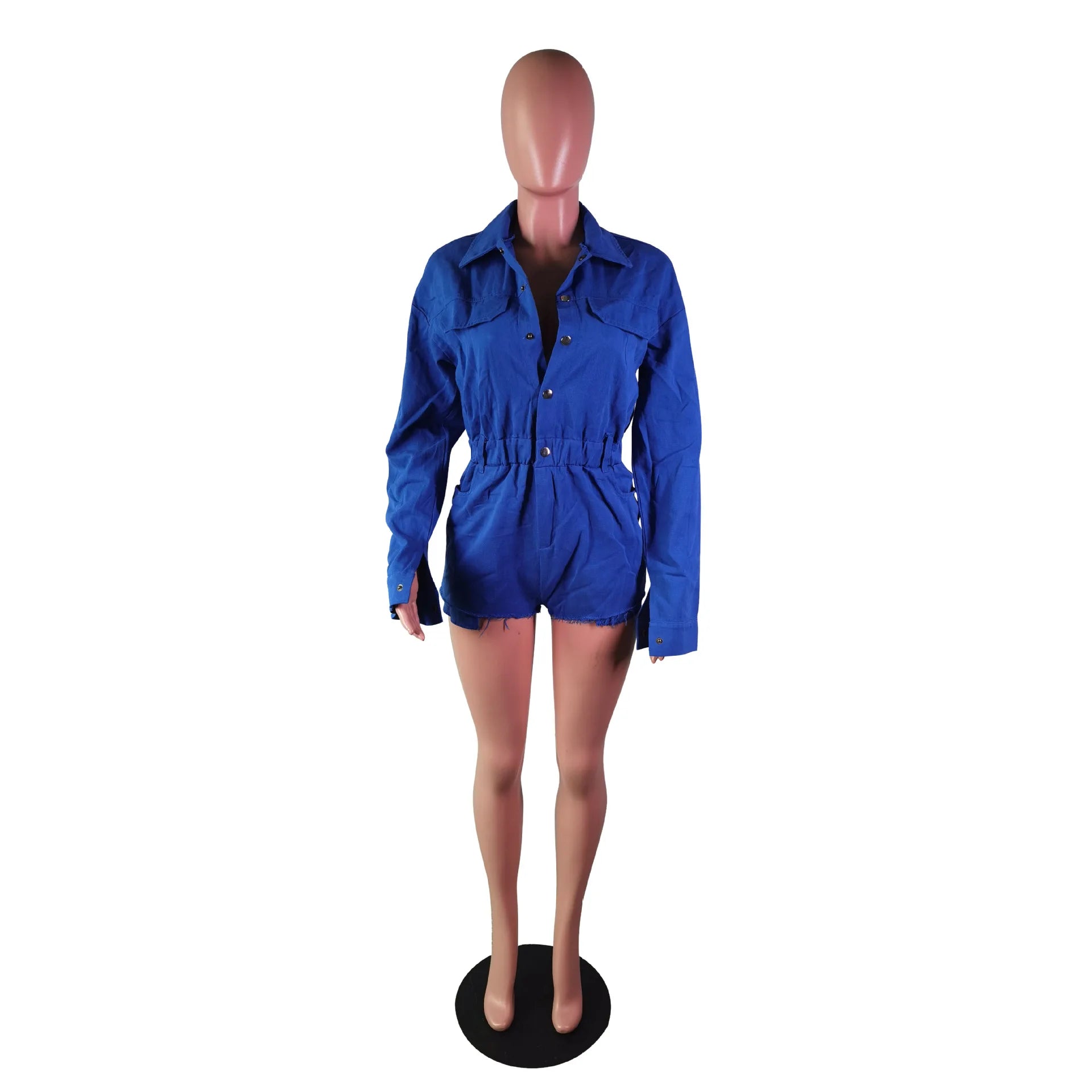2024 Women's Casual Long Sleeve Button Pocket Denim Romper Spring High Waist Jeans Fashion