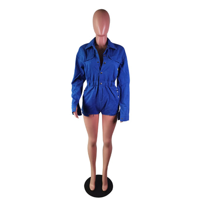 2024 Women's Casual Long Sleeve Button Pocket Denim Romper Spring High Waist Jeans Fashion