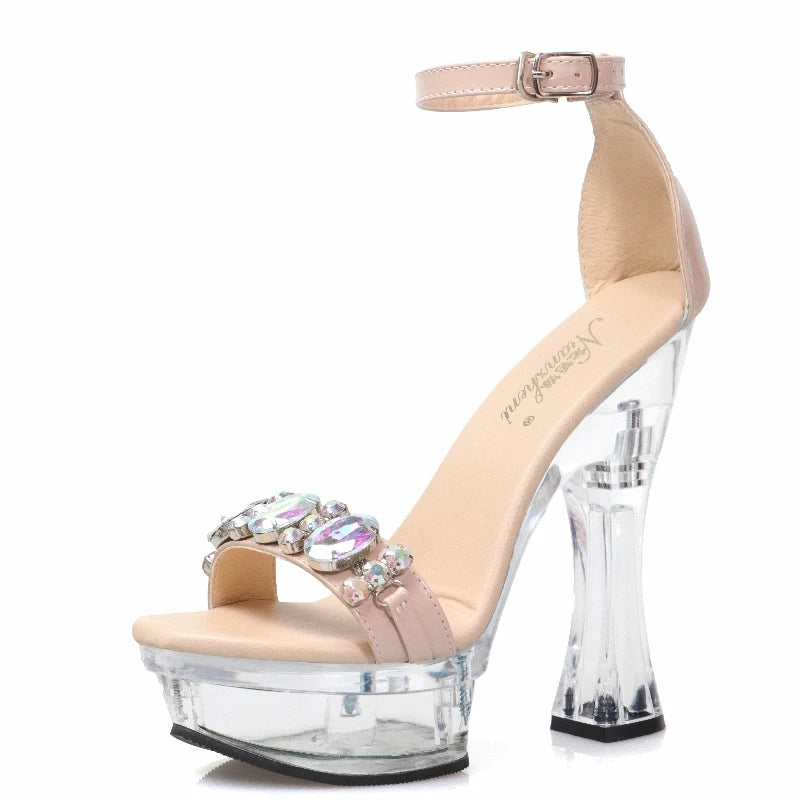 Strass Pantoletten mit Chunky Heel in Übergröße 14 cm Kristall Strass Offene Spitze Gothic Sexy Fetisch Elegant