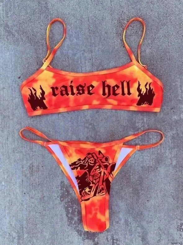 Ensemble bikini imprimé lettres gothiques punk, maillot de bain sexy 2023 pour femmes, motif tête de mort, col en V, maillot de bain tendance
