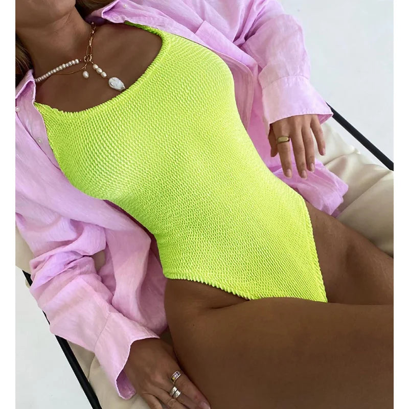 2023 Fashion Push-up High Cut 1-teiliger Bauchweg-Badeanzug Einfarbig Bikini Beachwear Sexy