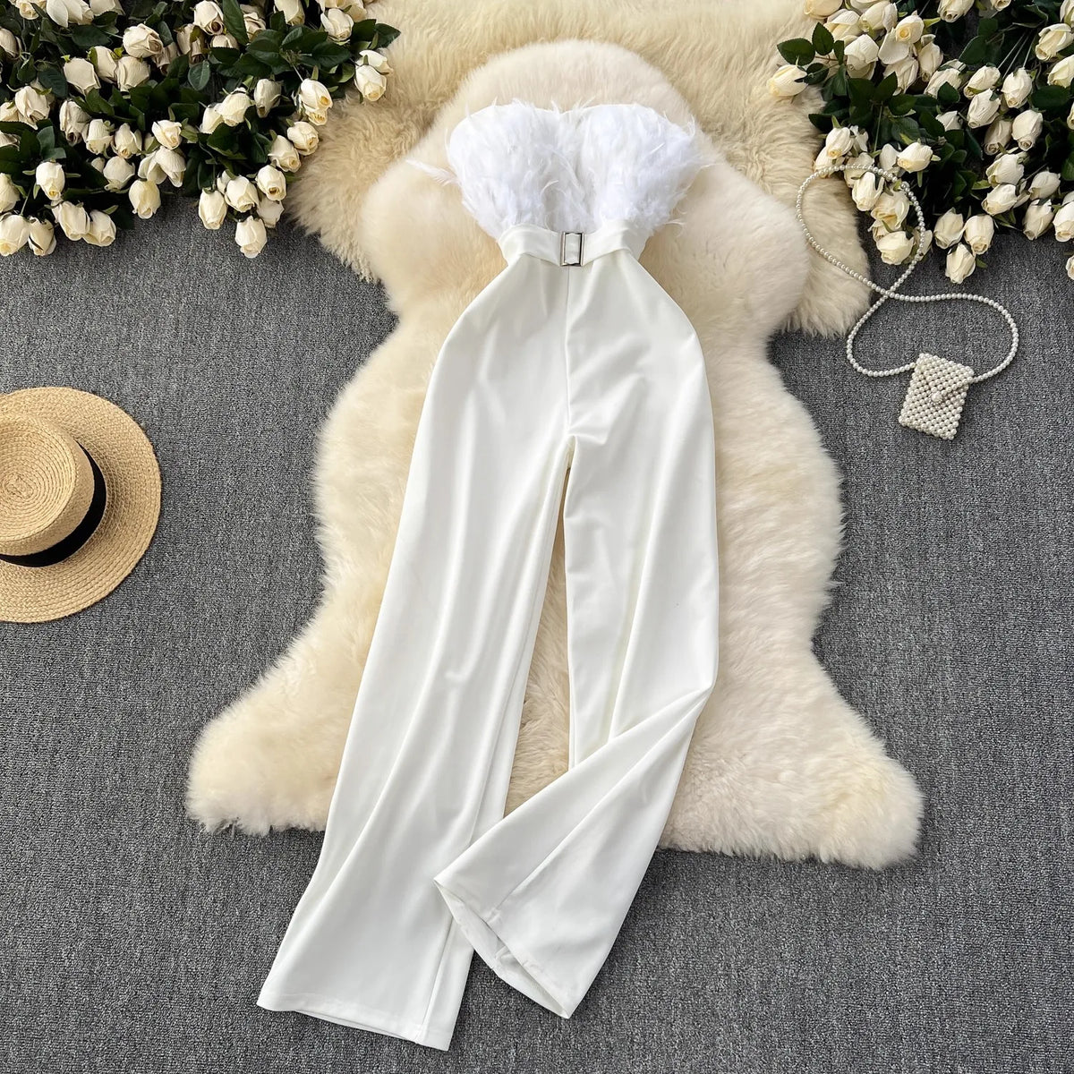 Summer Fashion Strapless Jumpsuit with Feather Patchwork and High Waist Breathable Casual Belt for Going Out