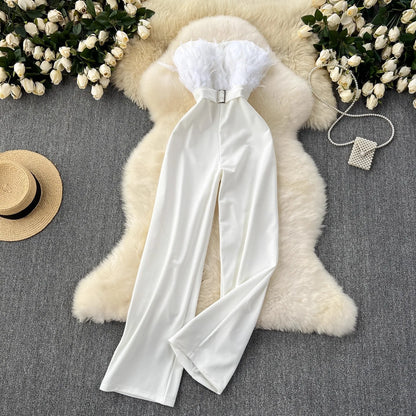 Summer Fashion Strapless Jumpsuit with Feather Patchwork and High Waist Breathable Casual Belt for Going Out