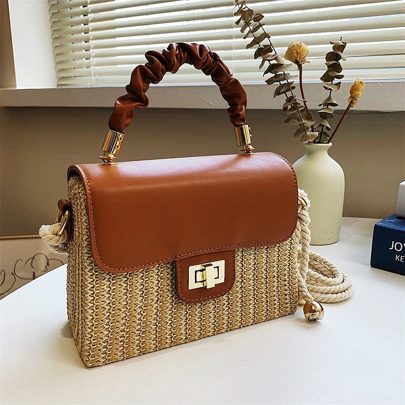 Borsa da spiaggia in paglia per donna 2021 Borsa estiva con manico pieghettato Borsa di design di lusso Borsa a tracolla in colore a contrasto e borsetta Lady Bolsos