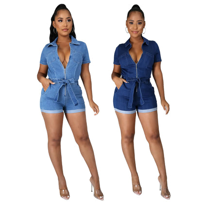Combinaison décontractée d'été taille haute pour femme, fitness, denim respirant, jean, manches courtes, décoration patchwork, tricot