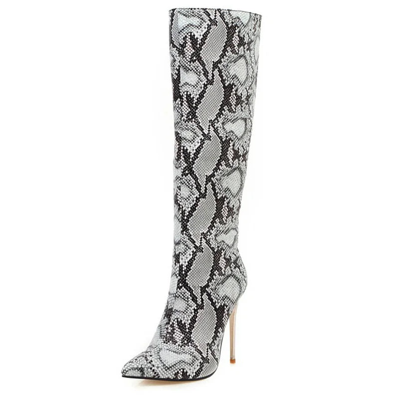 Snakeskin Leopard Long Boots Sexy Shoes Woman High Heels Autumn Winter Knee High Boots Leather Cowboy Women Shoes Custom WSH3461