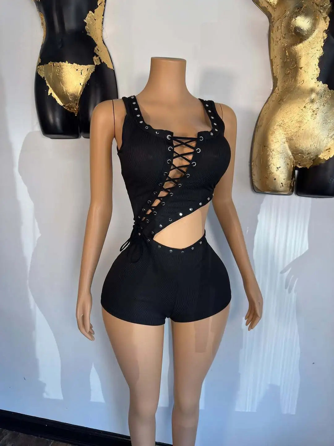 F1429-2026 Sommerkleidung Damen Jumpsuits Ösen Aushöhlen Schwarz Bodycon Jumpsuit Shorts Weiblich