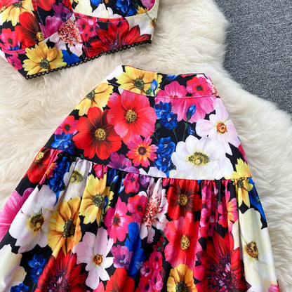 ANSZKTN et le style de vacances américain ANSZKTN Print Suit Femme Courte Bretelle Haut Jupe Plissée Ensemble