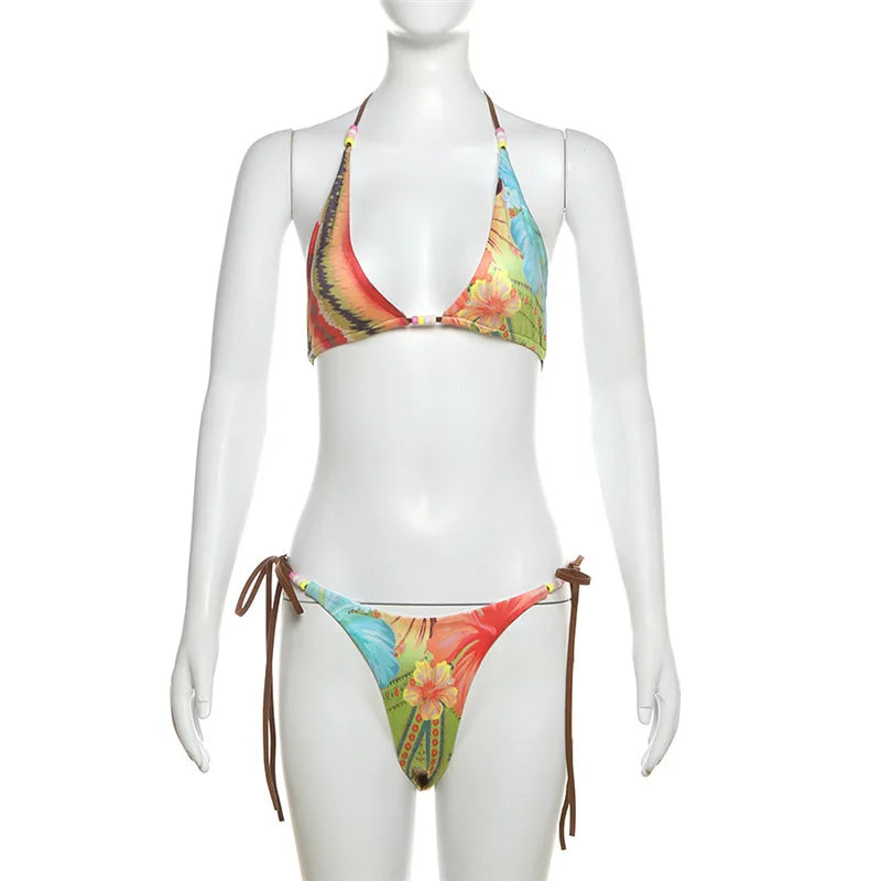 Liu Ming Cheap Wholesale Summer Women Clothes Sexy Beach Backless Halter Colorful Printed Bikini Set