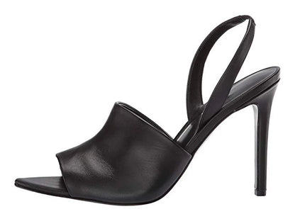 Customize Cheap Price Open Toe Black PU Leather High Heels Thin Heel Sandals for Ladies and Women