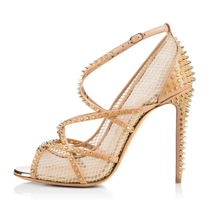 Metal Rivets Design Mesh High Heel Ladies Sexy Women Summer Dance Sandals