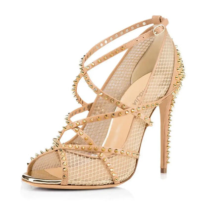 Metal Rivets Design Mesh High Heel Ladies Sexy Women Summer Dance Sandals