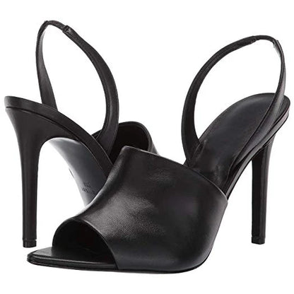 Customize Cheap Price Open Toe Black PU Leather High Heels Thin Heel Sandals for Ladies and Women